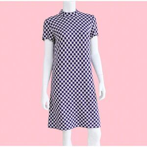 Vintage Wool Checkered Mini Dress Medium Purple White Mod 60s GoGo Mock Neck